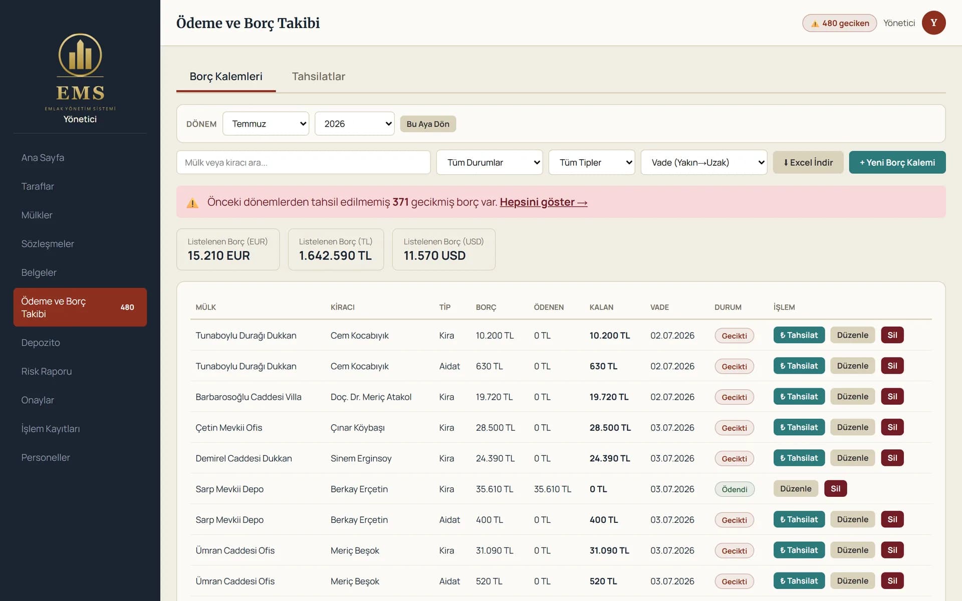 Payments and receivables screen listing debt items with due dates, amounts, remaining balances and status badges, with totals shown separately per currency