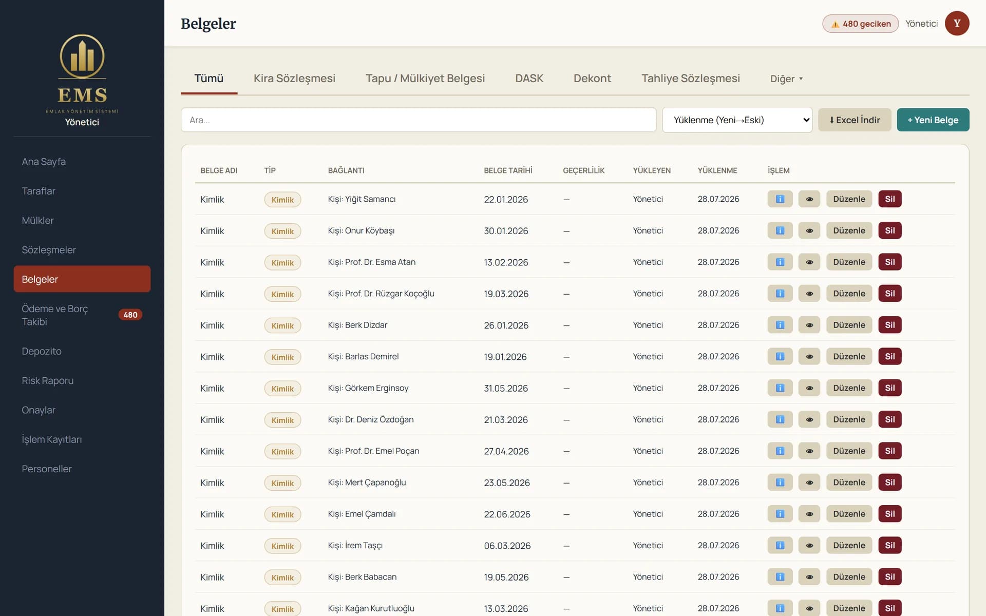 Documents screen listing uploaded files by type with the record each one is attached to