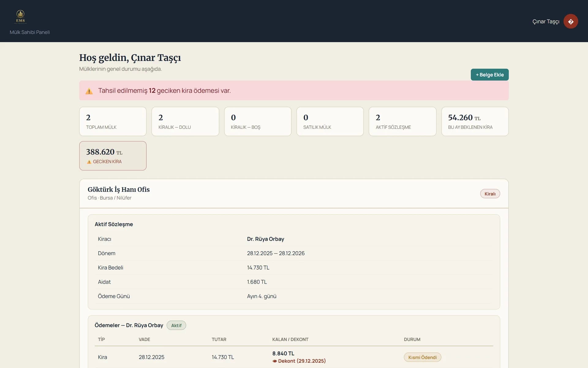 Owner portal showing portfolio summary cards and an expandable card per property with lease and payment detail